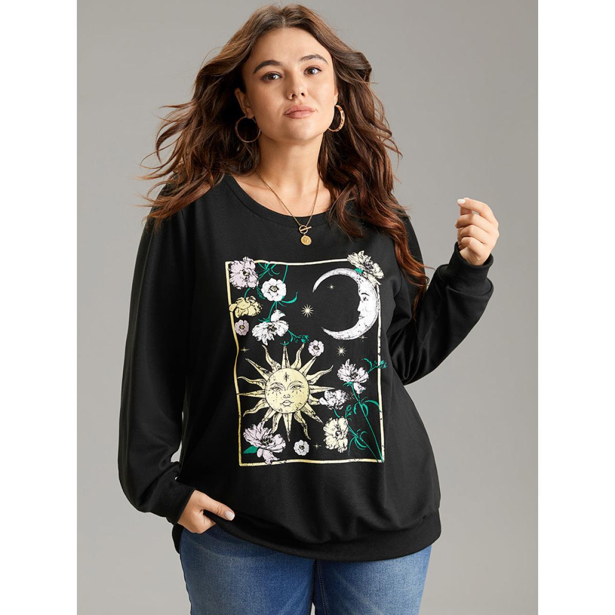 Plus Size Horoscope Print Rib Knit Round Neck Sweatshirt Women Black Casual Rib Knit Dailywear Sweatshirts BloomChic 14-16/1X Product Image