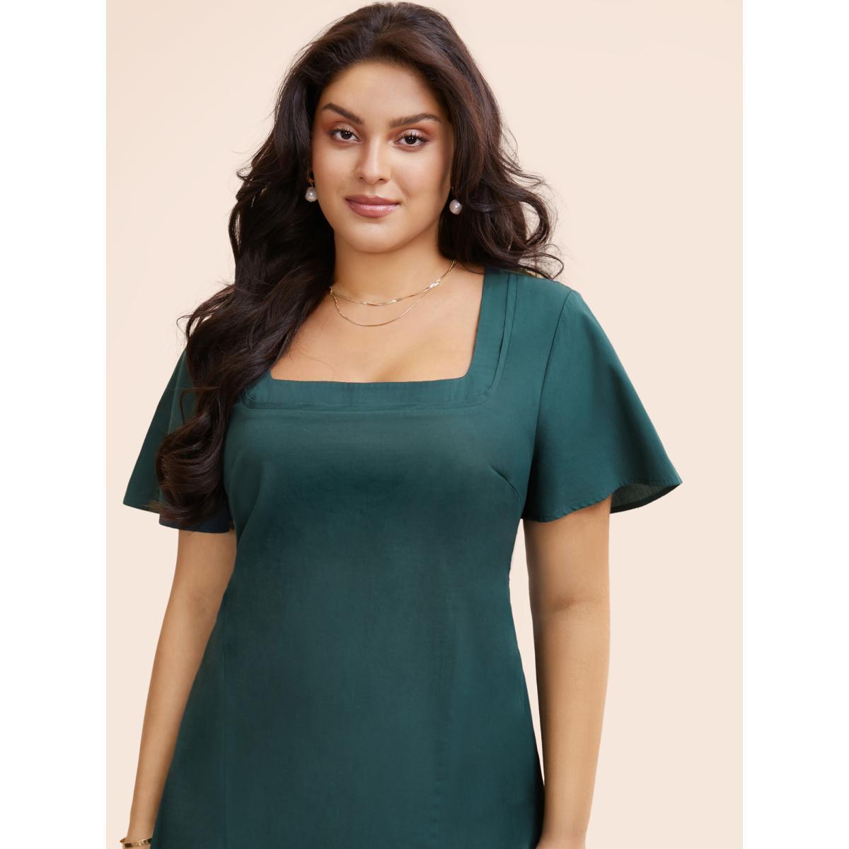 Plus Size Square Neck Ruffle Sleeve Shirred Dress ArmyGreen Women Elegant Shirred Square Neck Short sleeve Curvy BloomChic 18-20/2X Product Image