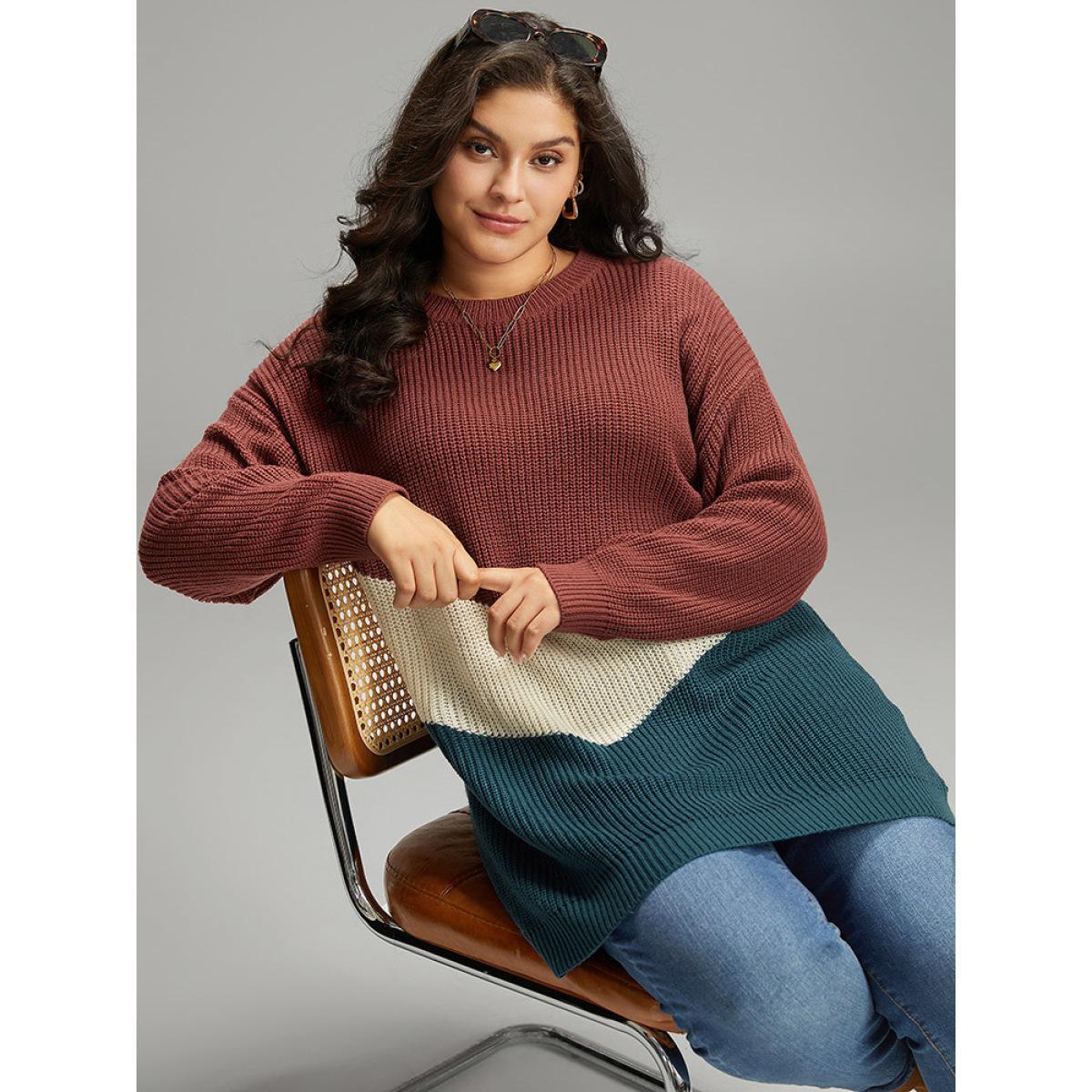 Plus Size Colorblock Contrast Elastic Cuffs Pullover Multicolor Women Casual Loose Long Sleeve Round Neck Dailywear Pullovers BloomChic 14-16/1X Product Image