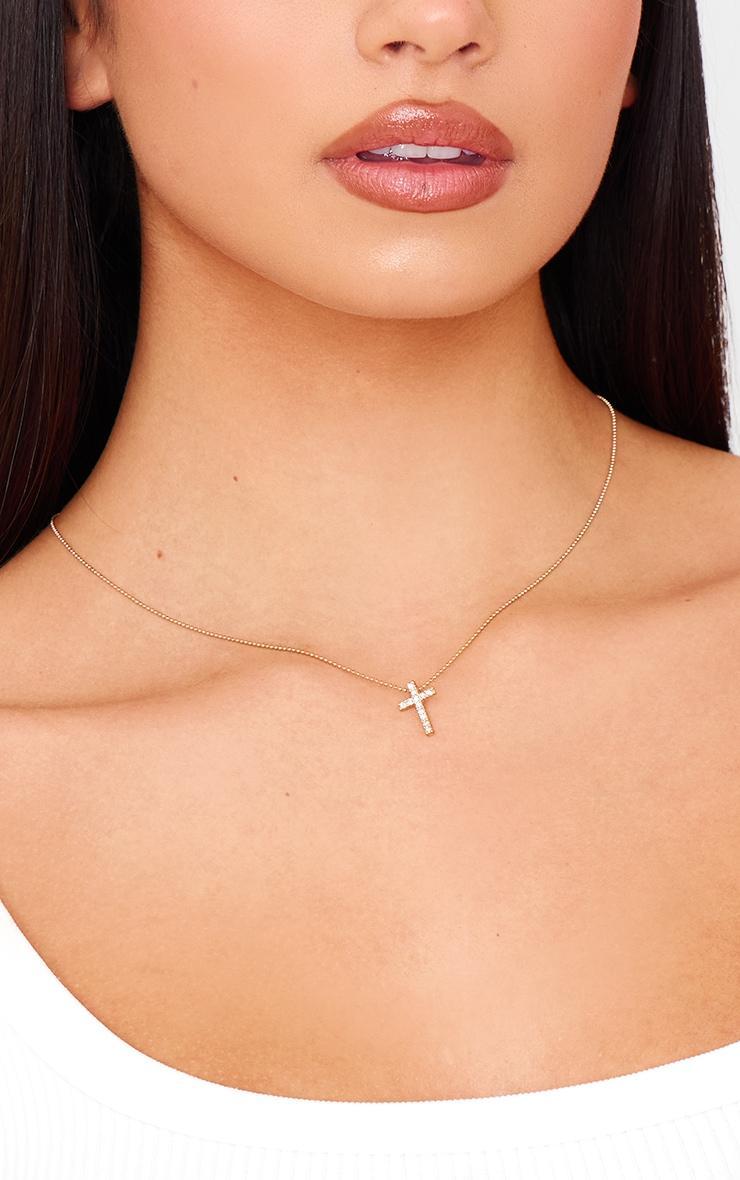 Gold Simple Dainty Diamante Cross Necklace Product Image