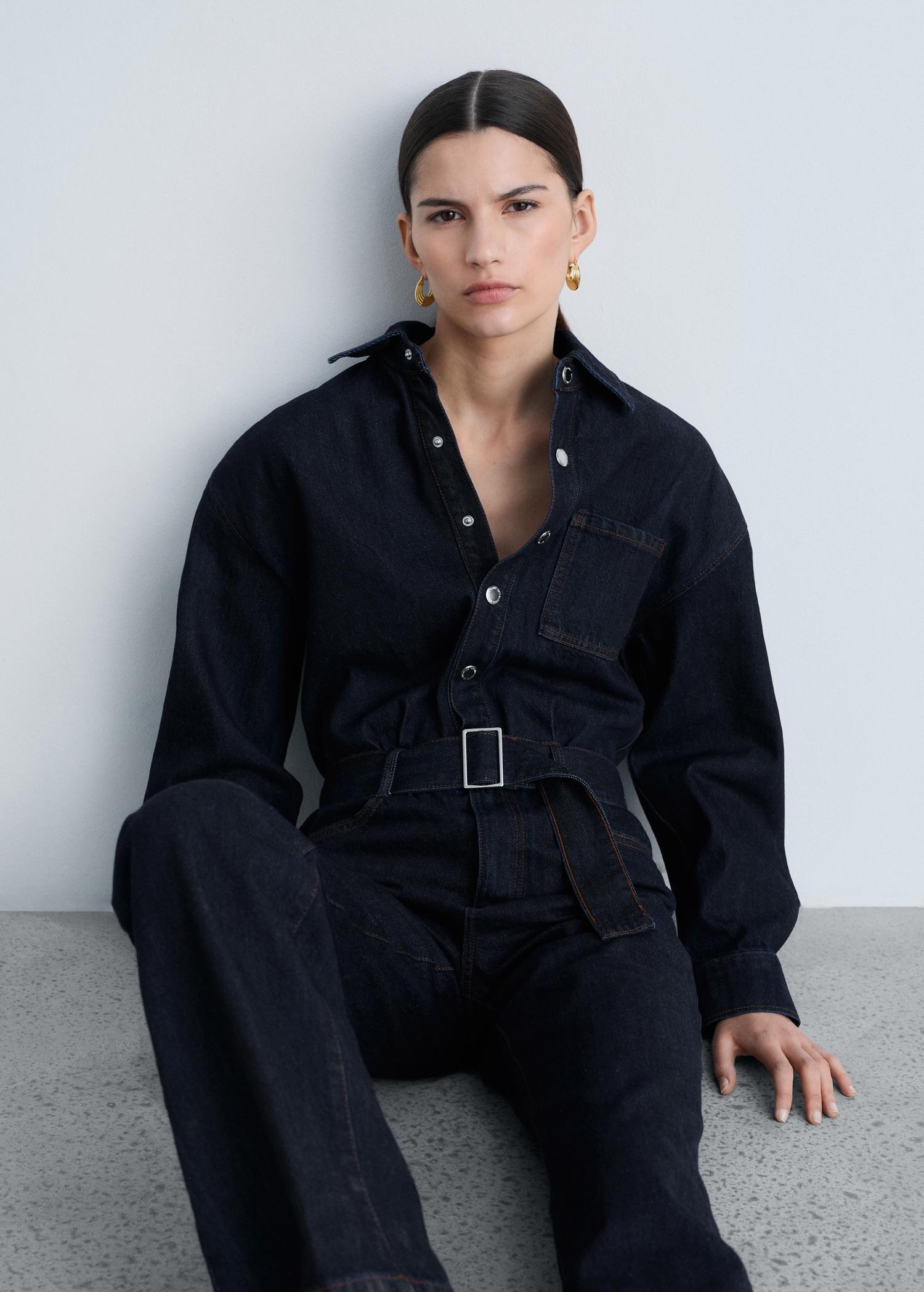 Rinse-wash denim jumpsuit with belt - Women | MANGO USA Product Image