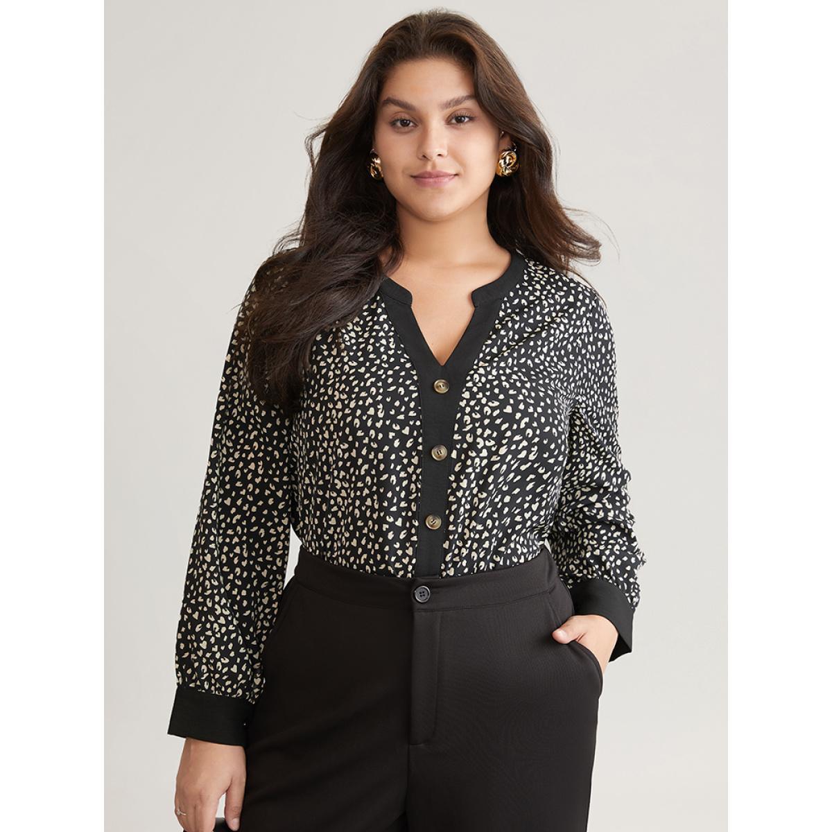 Plus Size Black Leopard Print Button Through Notched Blouse Women Office Long Sleeve V-neck Work Blouses BloomChic 22-24/3X Product Image
