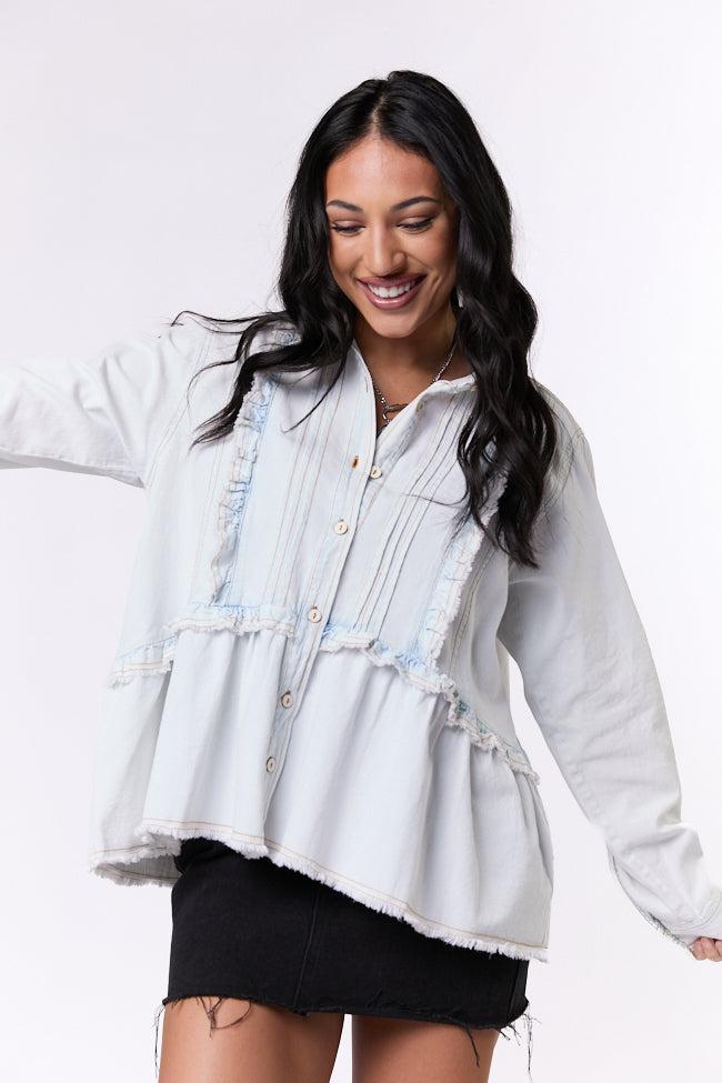 Here To Prove Light Wash Ruffle Trim Peplum Chambray Blouse SALE Product Image