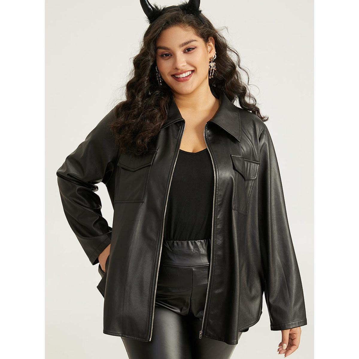 Plus Size Plain PU Leather Knot Pocket Zipper Belted Jacket Women Black Plain Pocket Belt Dailywear Jackets BloomChic 22-24/3X Product Image