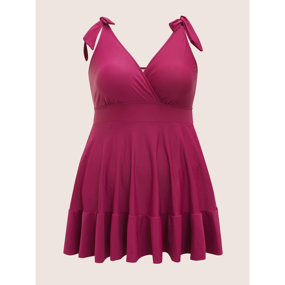 Plus Size Solid Tie Knot Pocket Ruffles Swim Dress Women's Swimwear RedViolet Beach Bodycon Overlap Collar High stretch Curve Swim Dresses BloomChic 14-16/1X Product Image