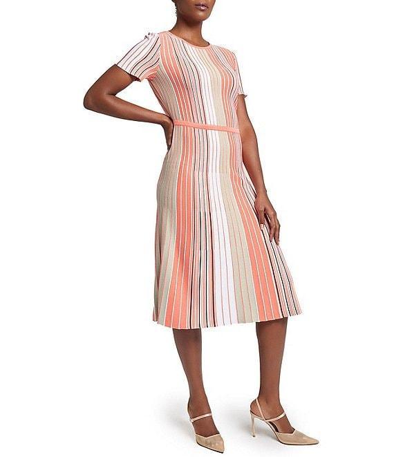 Ming Wang Knit Multi-Stripe Round Neck Short Sleeve Fit-And-Flare Dress Product Image