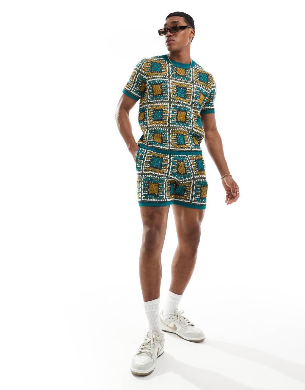 ASOS DESIGN knitted crochet crew neck t-shirt in blue patchwork design - part of a set Product Image