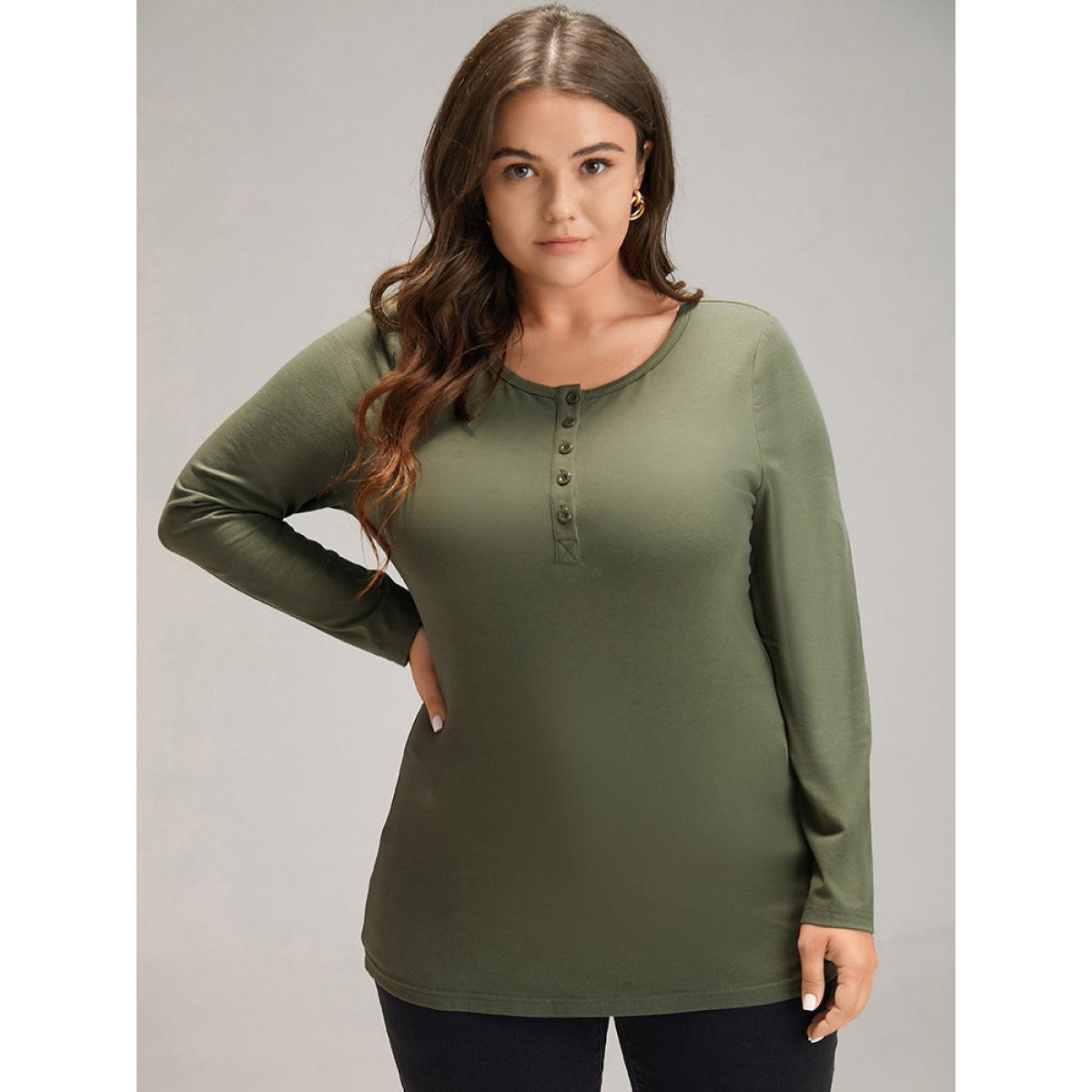 Plus Size Cotton Solid Button Down T-shirt ArmyGreen Women Elegant Plain Plain Round Neck Dailywear T-shirts BloomChic 10/M Product Image