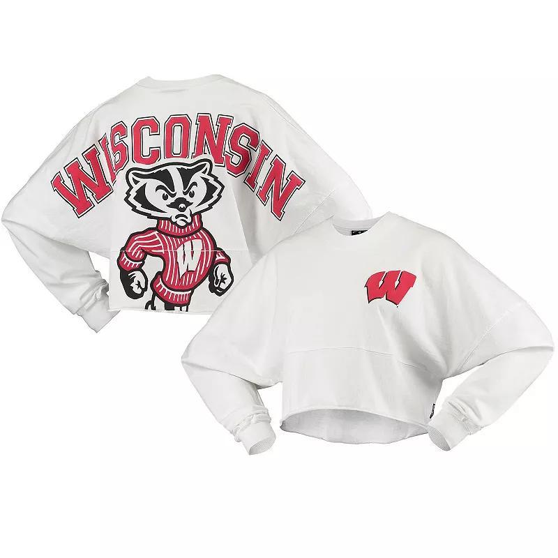 Women's White Wisconsin Badgers Raw Hem Cropped Spirit Jersey Long Sleeve T-Shirt, Size: 2XL Product Image