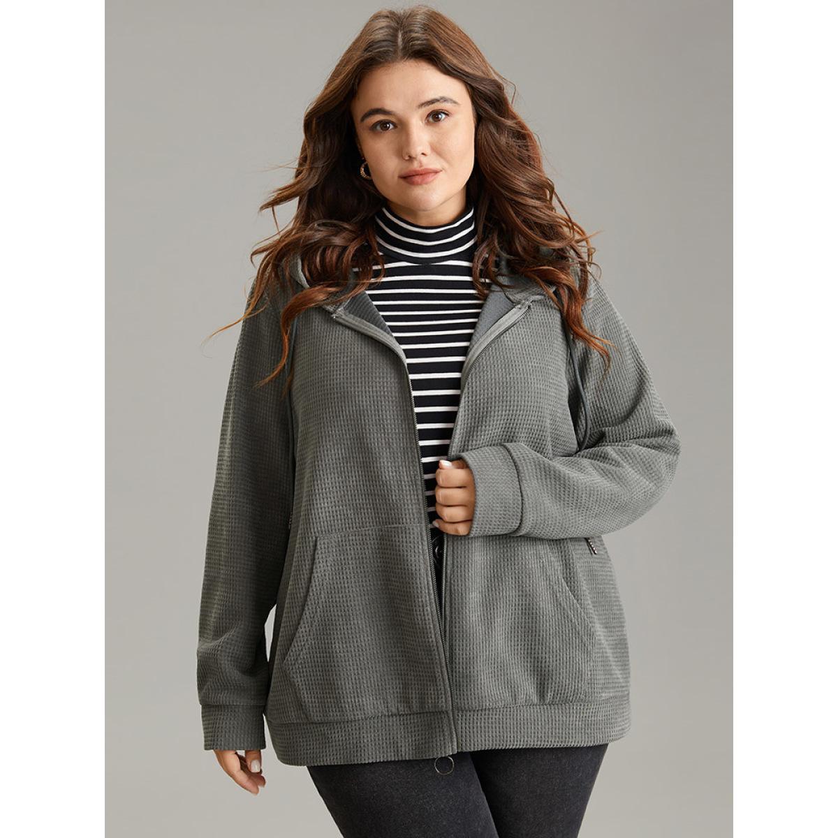Plus Size Waffle Knit Plain Hooded Pocket Thick Sweatshirt Women DimGray Casual Waffle Knit Hooded Dailywear Sweatshirts BloomChic 14-16/1X Product Image