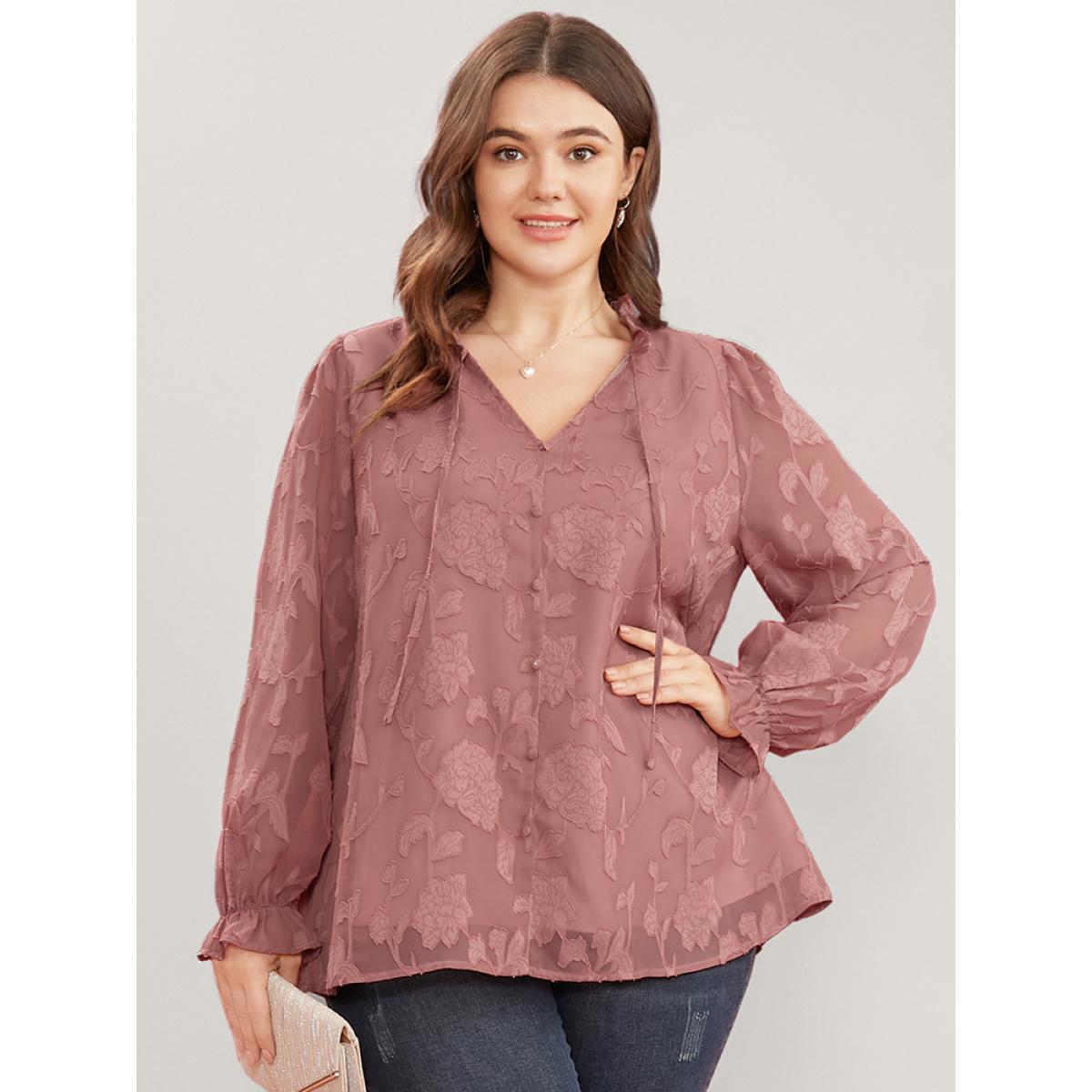 Plus Size DustyPink Floral Print Tie Neck Frill Trim Lantern Sleeve Blouse Women Glamour Long Sleeve V-neck Dailywear Blouses BloomChic 12/L Product Image