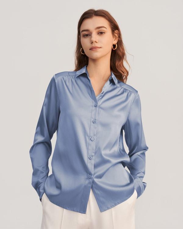 Long Sleeves Collared Silk Blouse Product Image