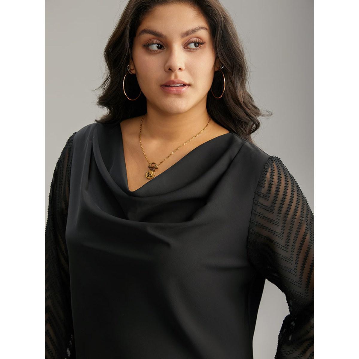 Plus Size Black Patchwork Mesh Texture Cowl Neck Blouse Women Office Long Sleeve Cowl Neck Work Blouses BloomChic 28/5X Product Image