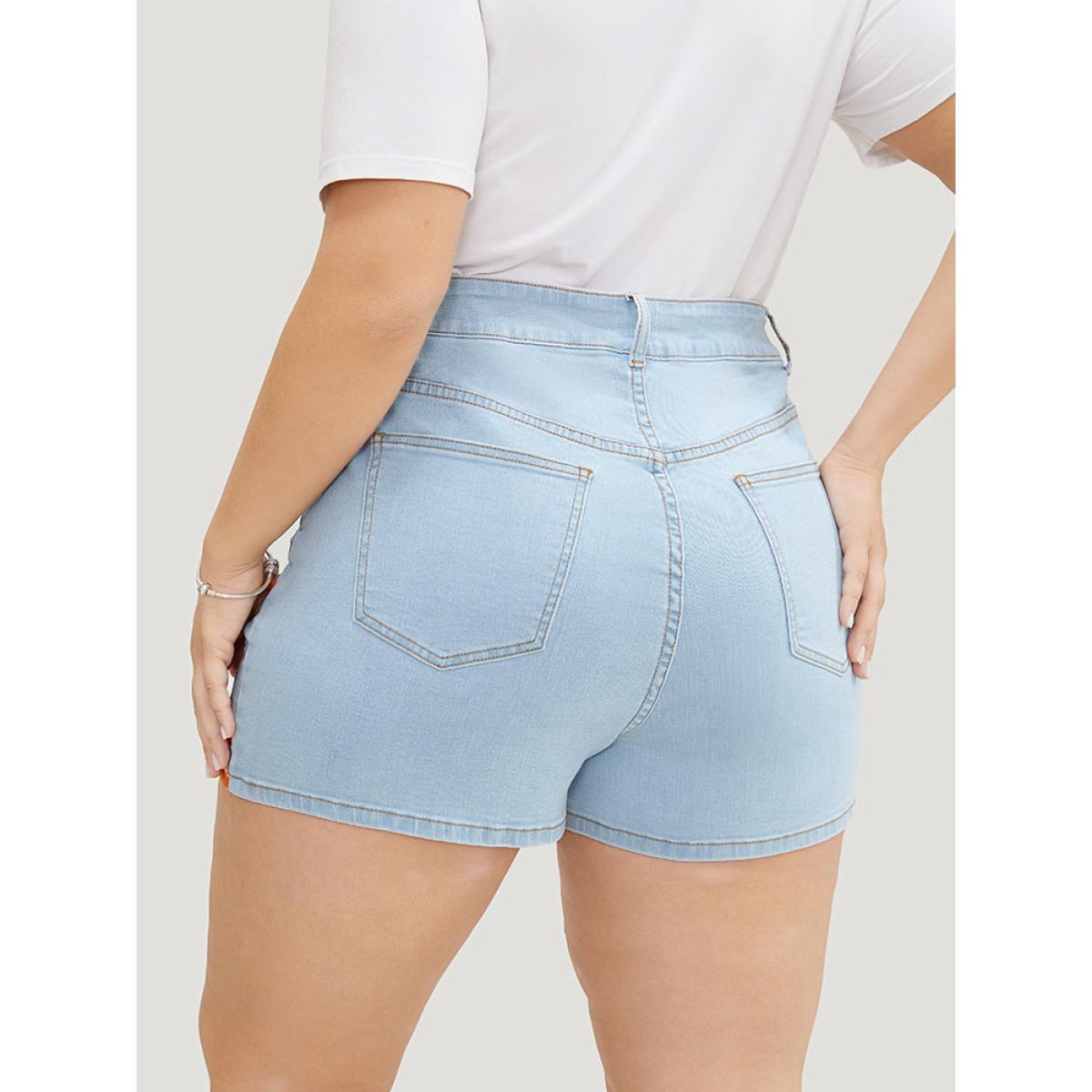 Plus Size High Rise Light Wash Floral Embroidered Denim Shorts Women LightBlue Embroidered No stretch Dailywear Pocket Vacation Denim Shorts BloomChic 10/M Product Image