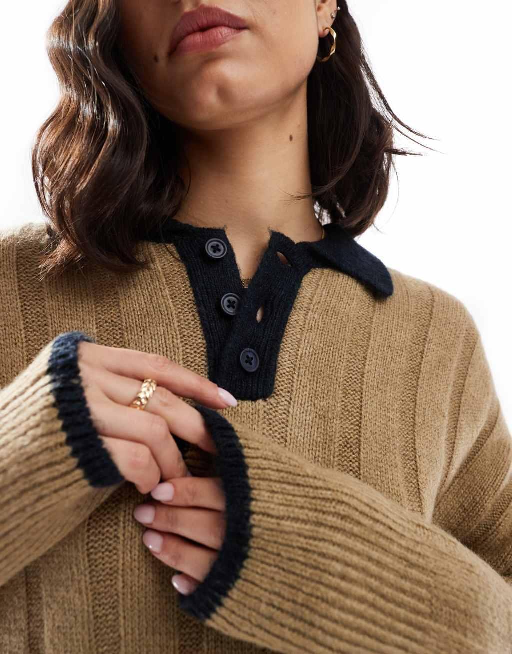 ASOS DESIGN chunky knit polo shirt in wide rib in mocha Product Image