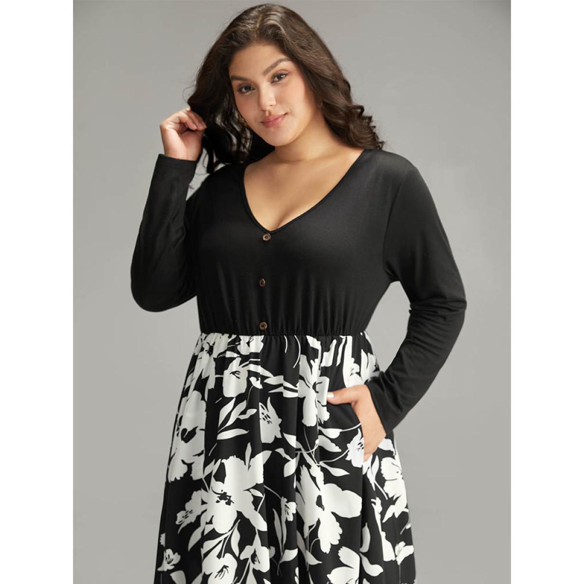 Plus Size Silhouette Floral Print Patchwork Button Detail Dress Black Women Elegant Printed V-neck Long Sleeve Curvy Midi Dress BloomChic 10/M Product Image