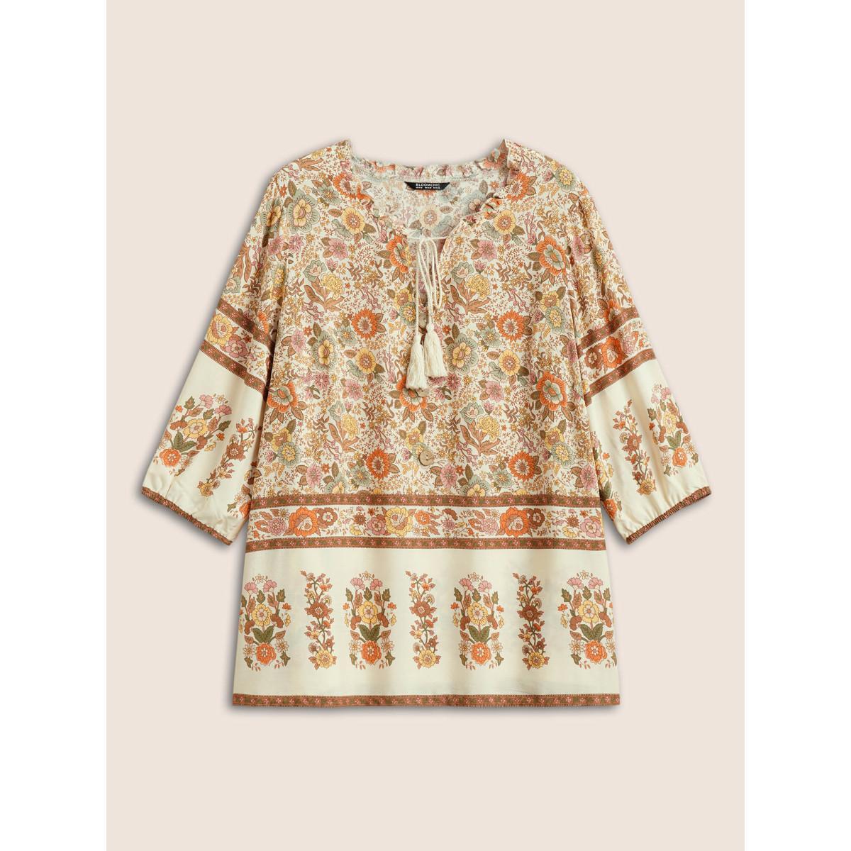 Plus Size Apricot Rayon Boho Print Button Detail Tie Neck Blouse Women Resort Elbow-length sleeve Notched collar Vacation Blouses BloomChic 28/5X Product Image