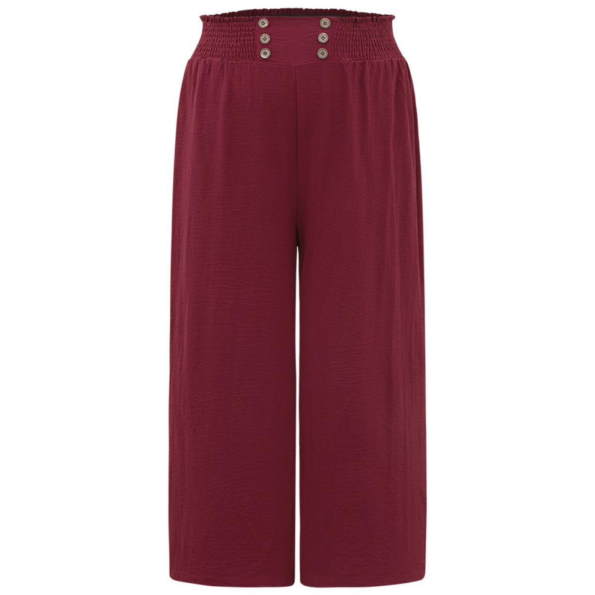 Plus Size Button Detail Shirred Wide Leg Pants Women Burgundy Glamour Wide Leg High Rise Going out Pants BloomChic 18-20/2X Product Image
