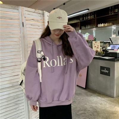 Long Sleeve Lettering Print Hooded Loose-Fit Sweatshirt Product Image