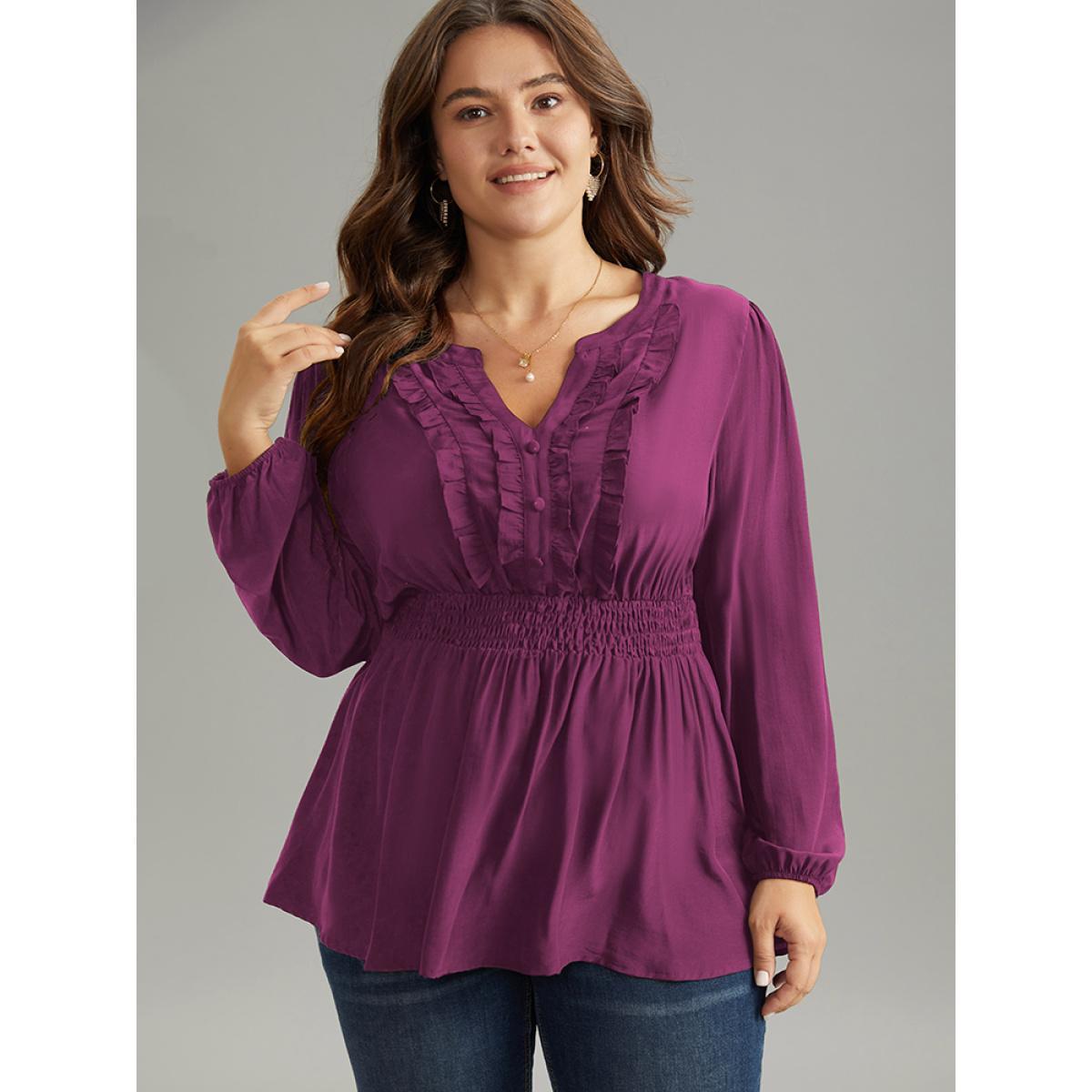 Plus Size RedViolet Solid Frill Trim Shirred Flutter Hem Blouse Women Elegant Long Sleeve Notched collar Dailywear Blouses BloomChic 28/5X Product Image