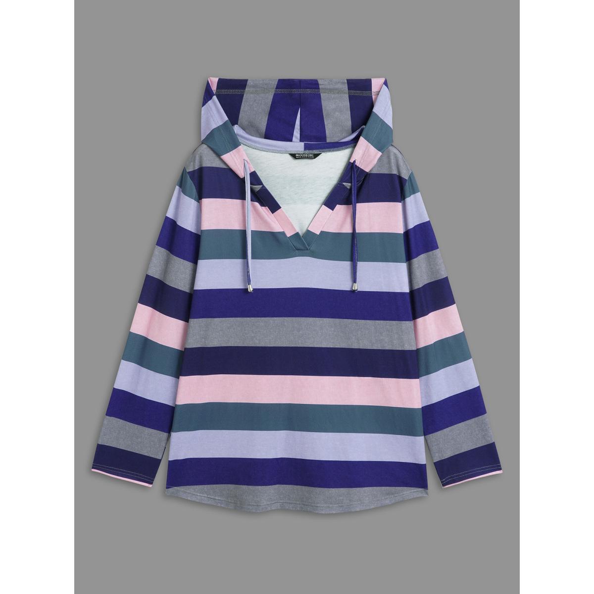 Plus Size Contrast Striped Hooded Drawstring T-shirt Multicolor Women Casual Drawstring Hooded Everyday T-shirts BloomChic 14-16/1X Product Image