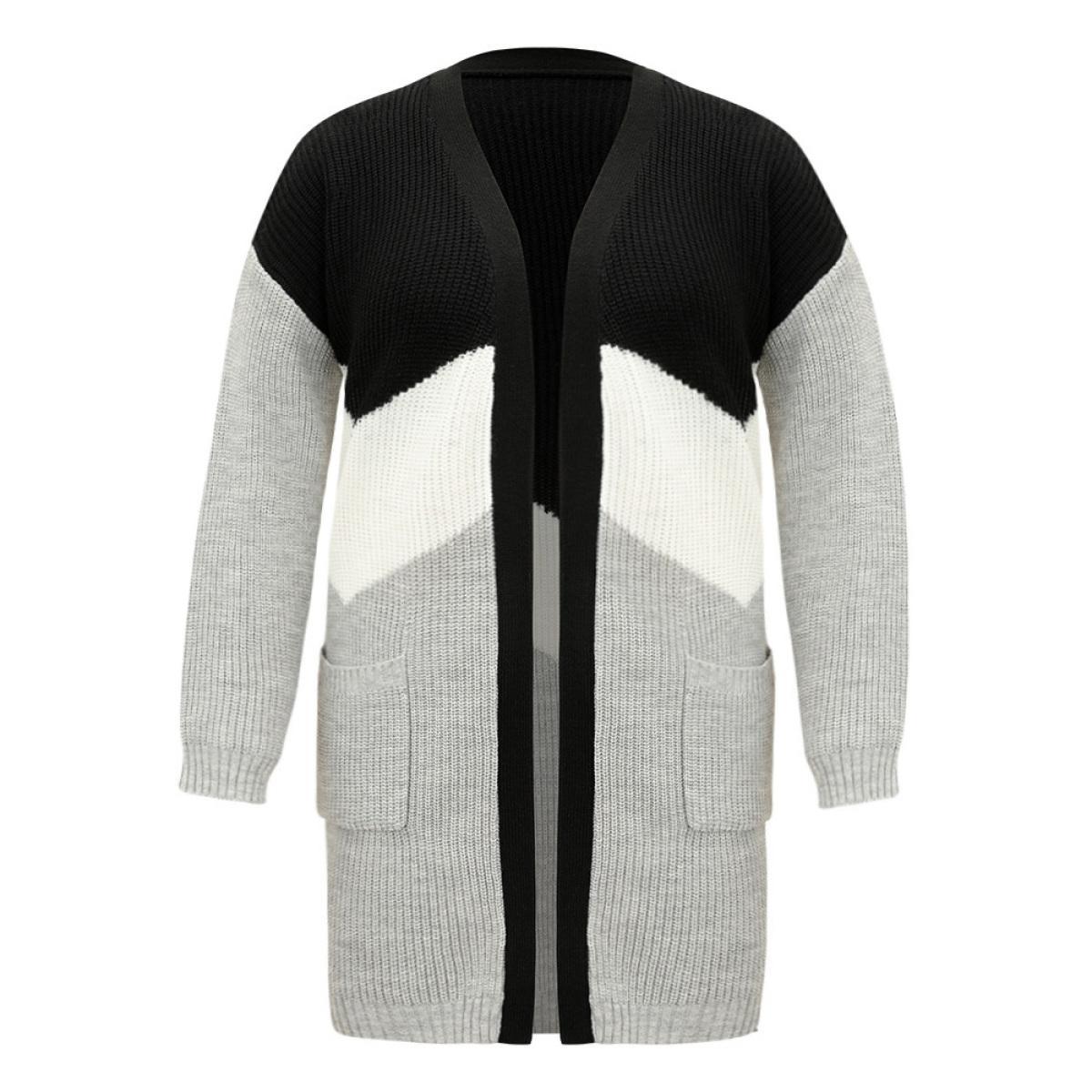 Plus Size Colorblock Contrast Pocket Open Front Cardigan DarkGray Women Casual Loose Long Sleeve Dailywear Cardigans BloomChic 28/5X Product Image