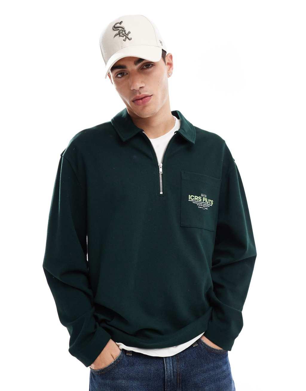 ASOS DESIGN oversized polo in textured jersey with pocket print in dark green Product Image