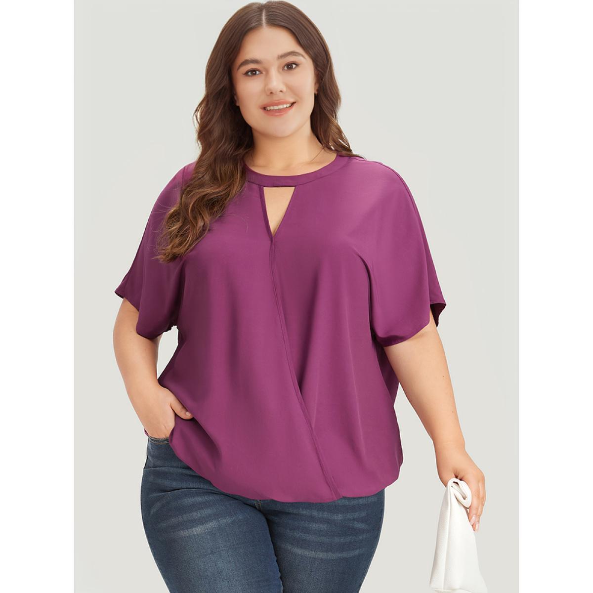 Plus Size Purple Solid Keyhole Gathered Dolman Sleeve Blouse Women Office Short sleeve V-neck Work Blouses BloomChic 14-16/1X Product Image
