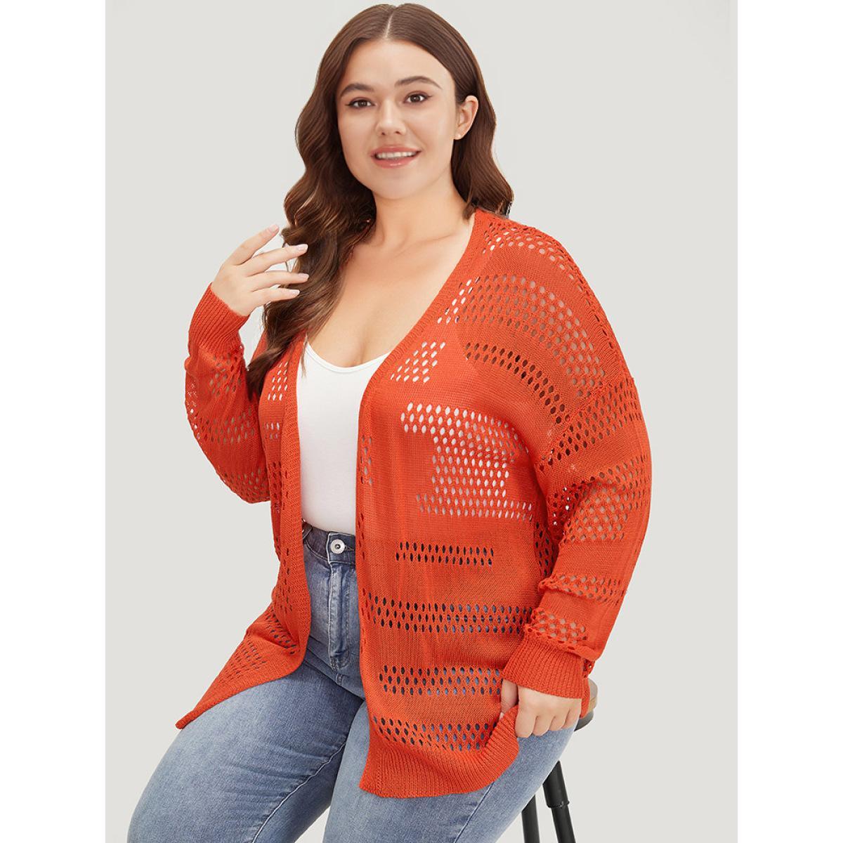 Plus Size Plain Open Front Elastic Sleeve Cut Out Cardigan Scarlet Women Casual Loose Long Sleeve Everyday Cardigans BloomChic 22-24/3X Product Image
