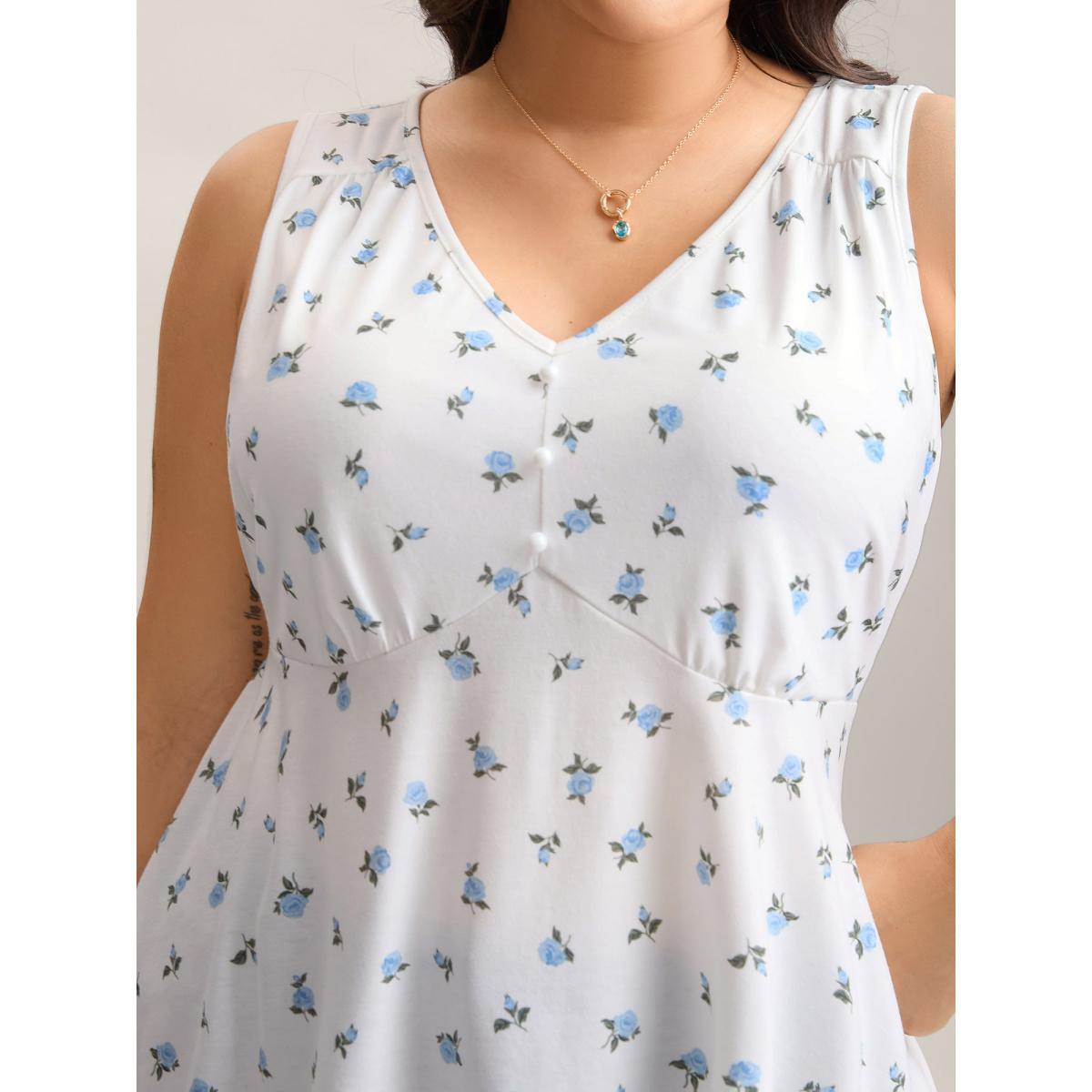 Plus Size Stretchy Floral Print Waist-Tie Tank Top Women WhiteSmoke Belted V-neck Everyday-Elegant Tank Tops Camis BloomChic 30/6X Product Image