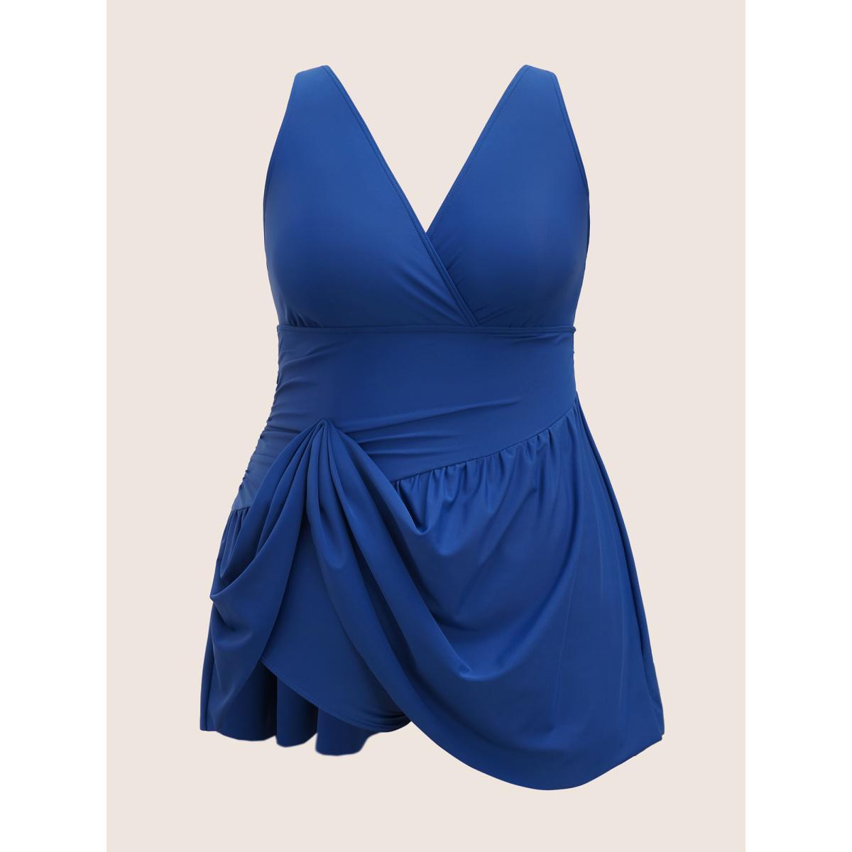 Plus Size Solid Surplice Neck Gathered Swim Dress Women's Swimwear Indigo Beach Bodycon V-neck High stretch Curve Swim Dresses BloomChic 22-24/3X Product Image