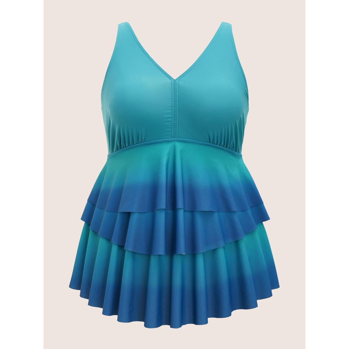 Plus Size V Neck Ombre Tiered Ruffles Swim Top Women's Swimwear Teal Beach Contrast High stretch Bodycon V-neck Curve Swim Tops BloomChic 12/L Product Image