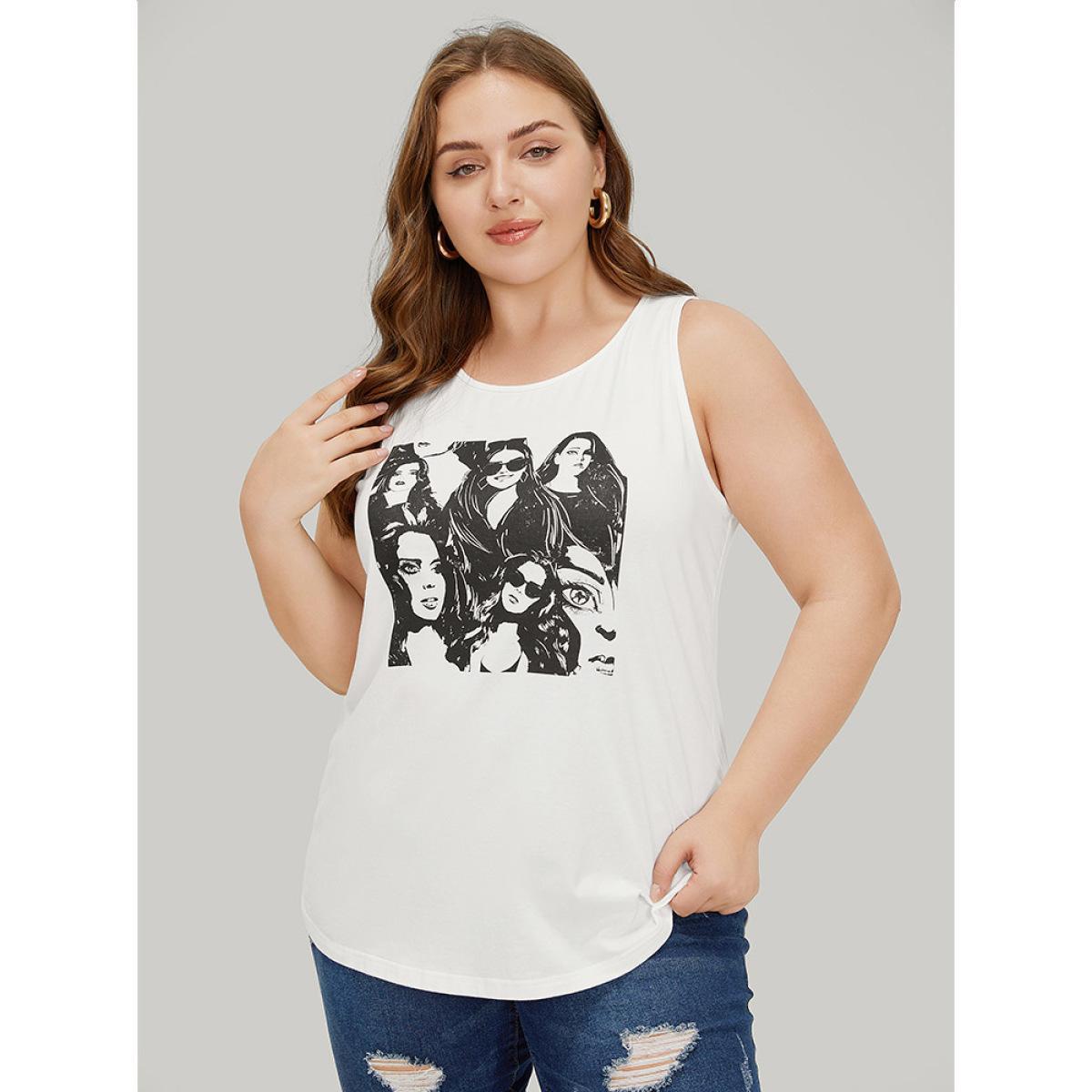 Plus Size Figure Print Sleeveless Tank Top Women White Casual Dailywear Tank Tops Camis BloomChic 18-20/2X Product Image