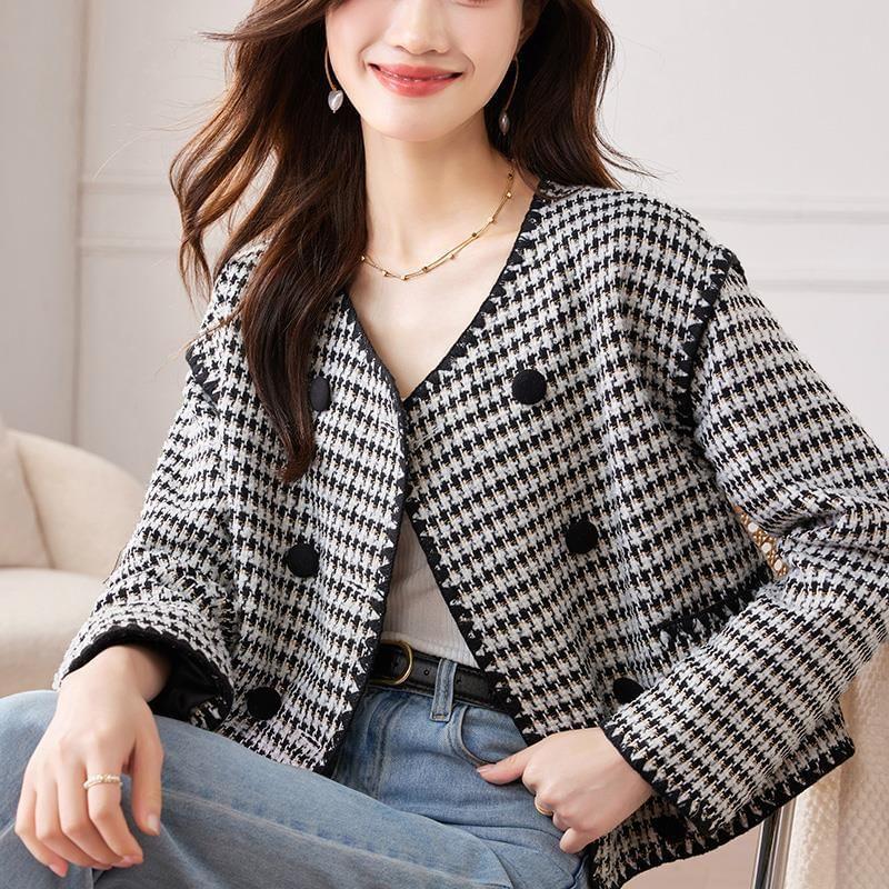 Round Neck Houndstooth Double Breasted Cropped Tweed Jacket Product Image