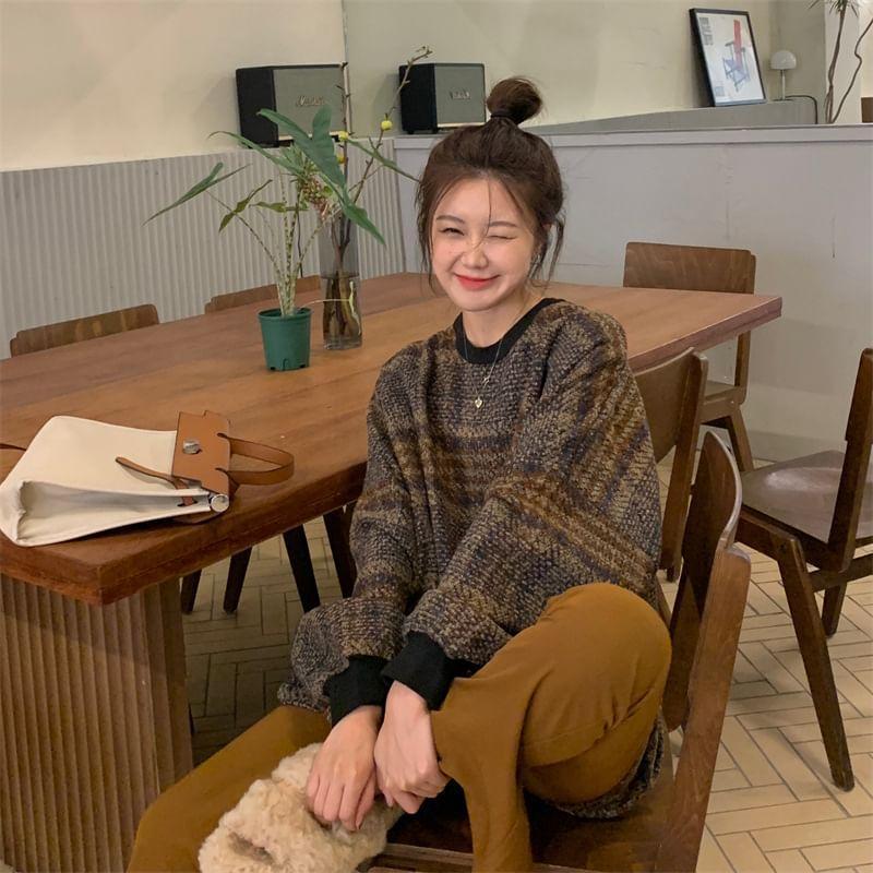 Crew Neck Plaid Contrast Trim Oversized Pullover Product Image