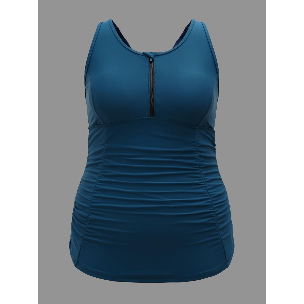 Plus Size Half Zipper Pleated Swim Top Women's Swimwear Aegean Beach Gathered High stretch Skinny U-neck Curve Swim Tops BloomChic 30/6X Product Image