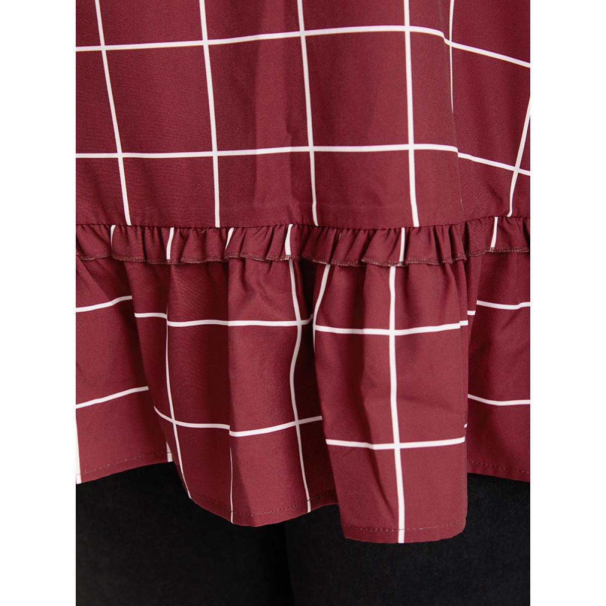 Plus Size Burgundy Plaid Frill Trim Bell Sleeve Flutter Hem Blouse Women Elegant Half Sleeve Round Neck Dailywear Blouses BloomChic 14-16/1X Product Image