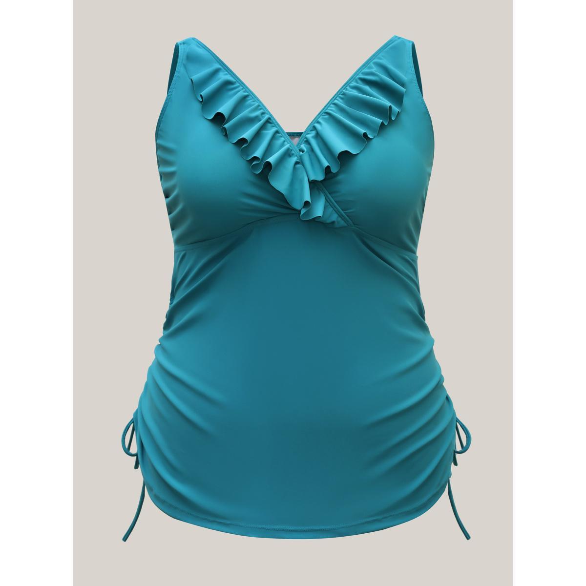 Plus Size Ruffled Edges Drawstring Bust-Support Swim Top Women's Swimwear Teal Beach Drawstring High stretch Bodycon Overlap Collar Curve Swim Tops BloomChic 14-16/1X Product Image