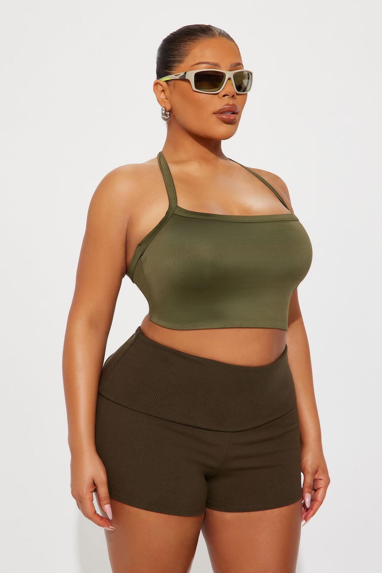 Contour Double Lined Cropped Halter Top - Military Green Female Product Image