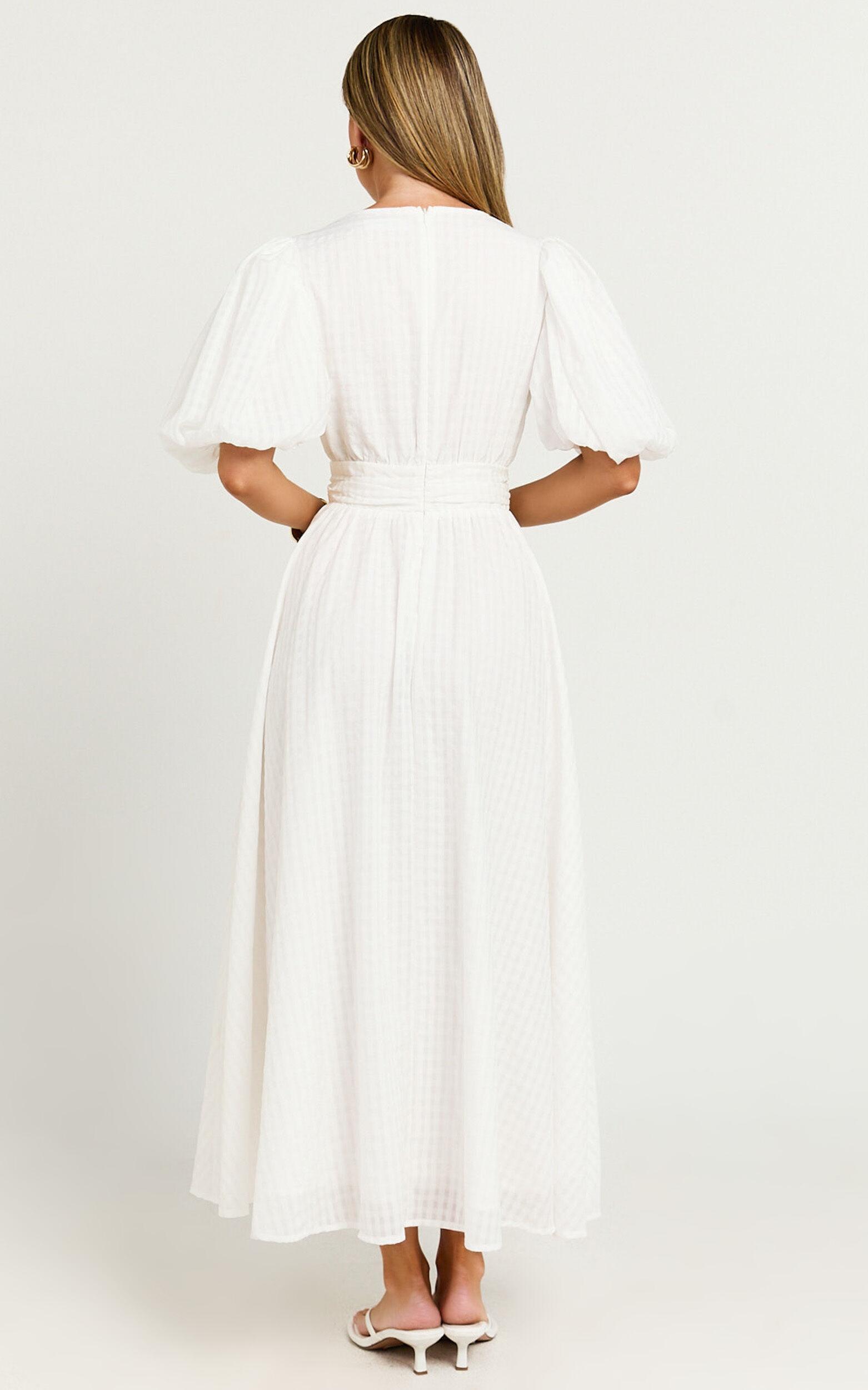 Xandy Midi Dress - Textured Puff Sleeve Plunge Dress in White Product Image