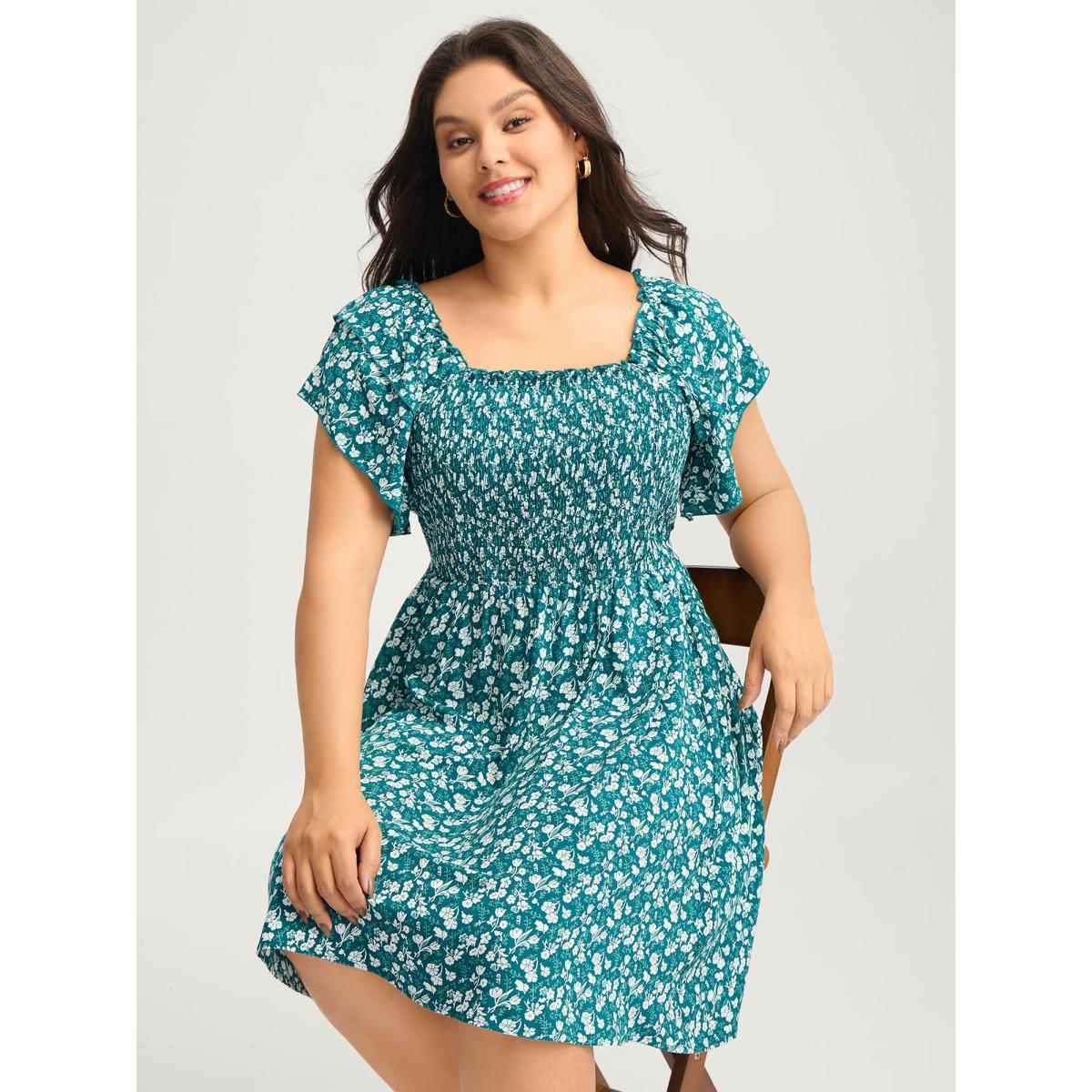 Plus Size Rayon Layered Sleeve Shirred Midi Dress Teal Women Square Neck Cap Sleeve Curvy BloomChic 30/6X Product Image