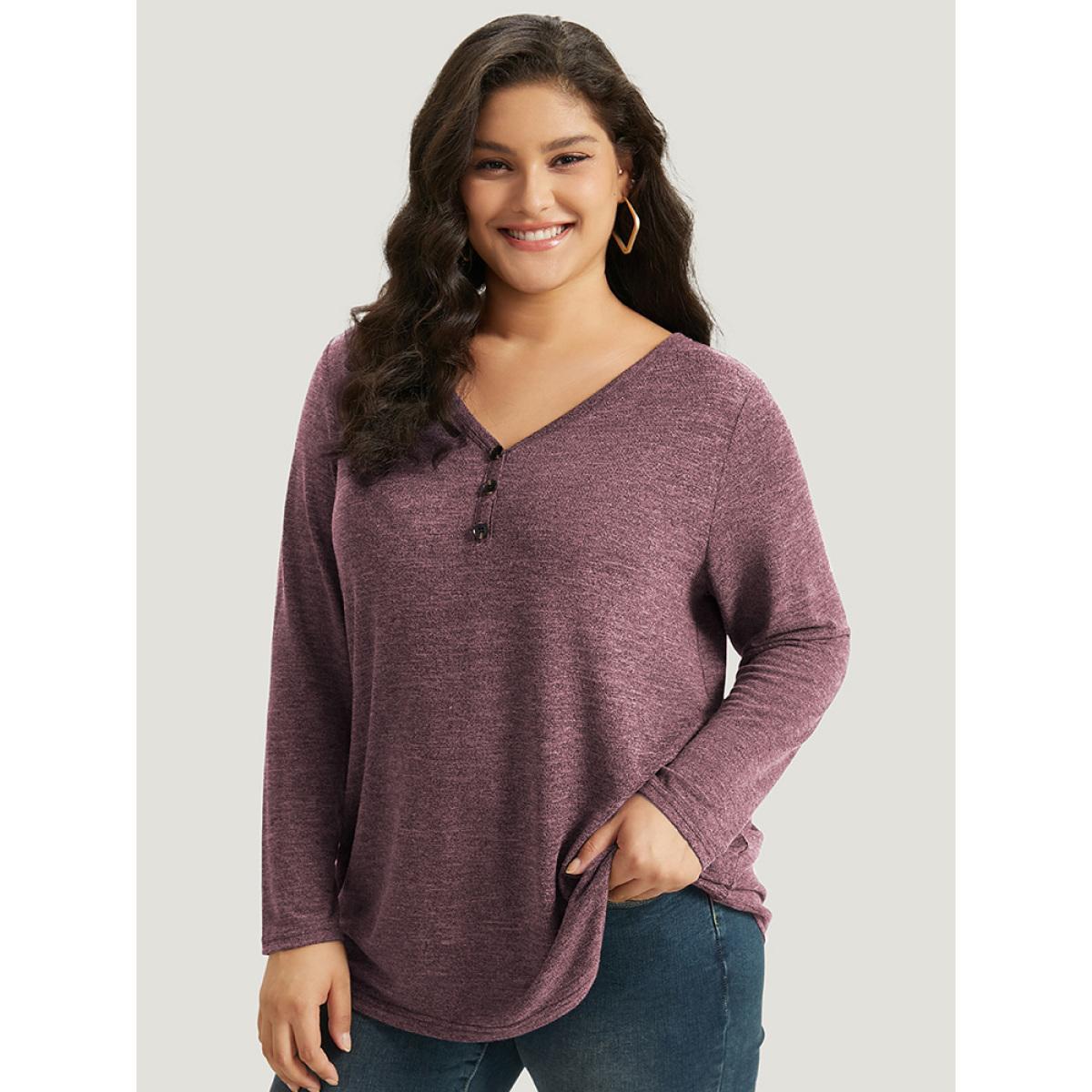 Plus Size Heather Button Up Long Sleeve T-shirt Russet Women Casual Heather Plain V-neck Everyday T-shirts BloomChic 18-20/2X Product Image