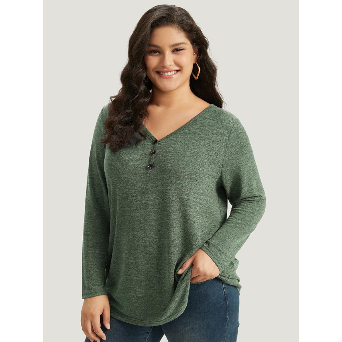 Plus Size Heather Button Up Long Sleeve T-shirt Emerald Women Casual Heather Plain V-neck Everyday T-shirts BloomChic 28/5X Product Image