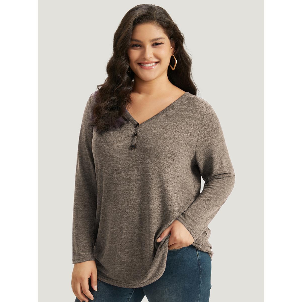 Plus Size Heather Button Up Long Sleeve T-shirt LightBrown Women Casual Heather Plain V-neck Everyday T-shirts BloomChic 26/4X Product Image
