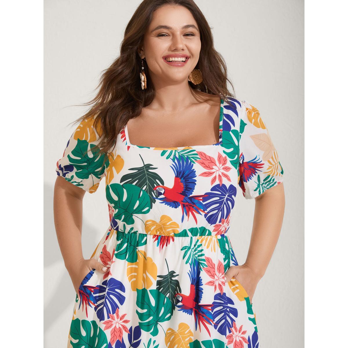 Plus Size Rayon Groovy Tropical Print Midi Dress Multicolor Women Square Neck Short sleeve Curvy BloomChic 12/L Product Image