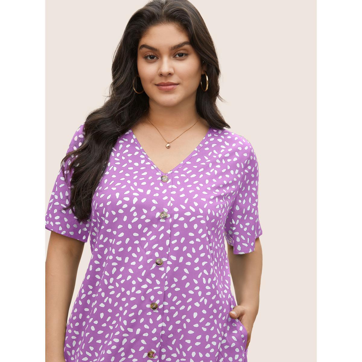 Plus Size Polka Dot Button Detail Flutter Layered Hem Dress Lilac Women Casual Non V-neck Short sleeve Curvy Midi Dress BloomChic 14-16/1X Product Image