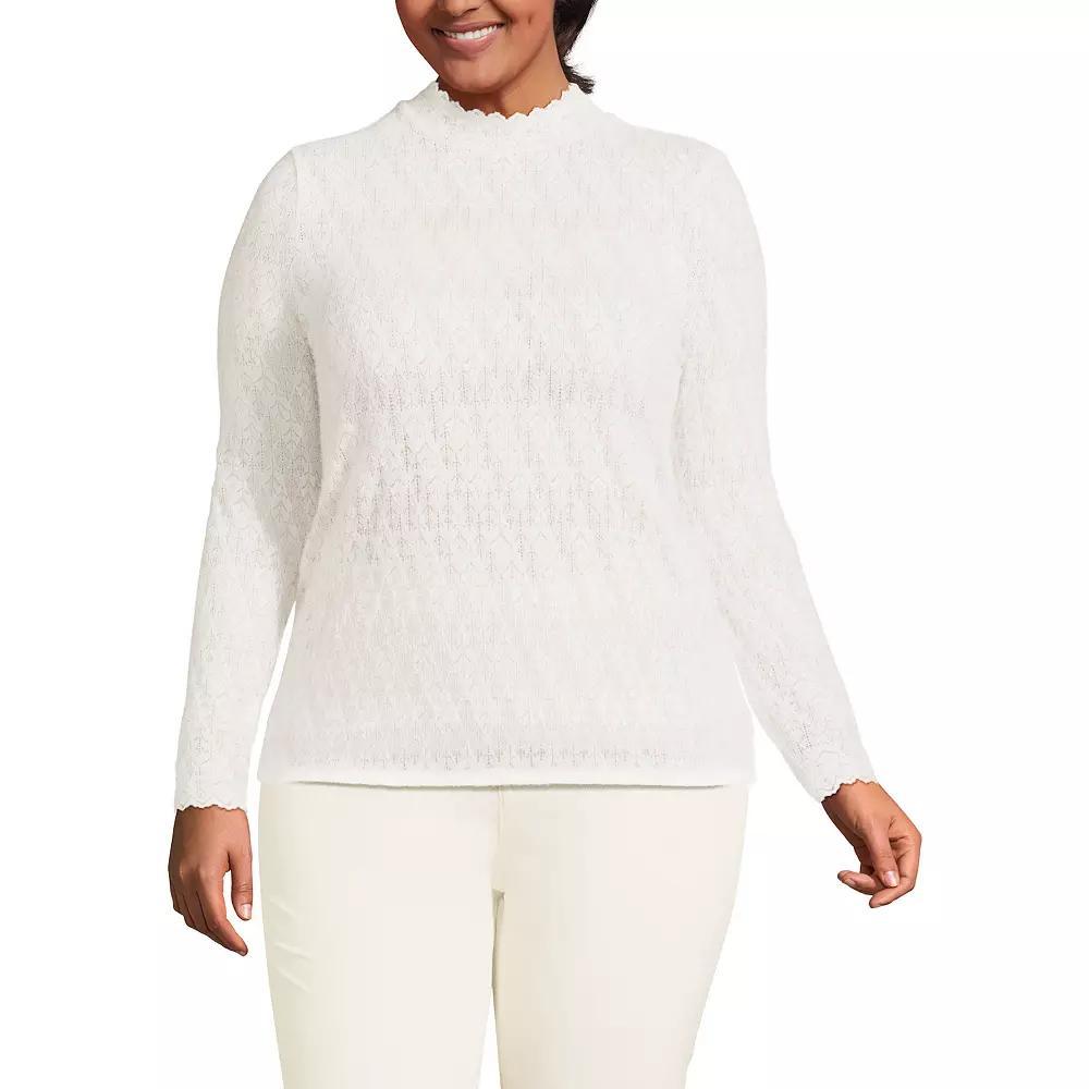 Plus Size Lands' End Long Sleeve Brushed Lace Mockneck Top, Women's, Size: 3XL, Eggshell White Product Image