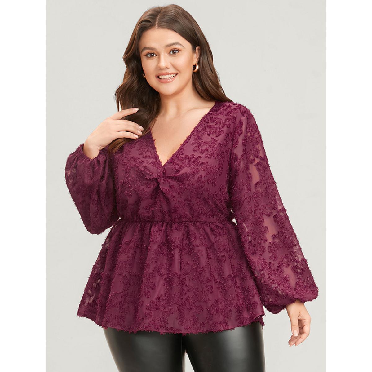 Plus Size Burgundy Floral Textured Mesh Lantern Sleeve Twist Front Blouse Women Glamour Long Sleeve V-neck Going out Blouses BloomChic 30/6X Product Image