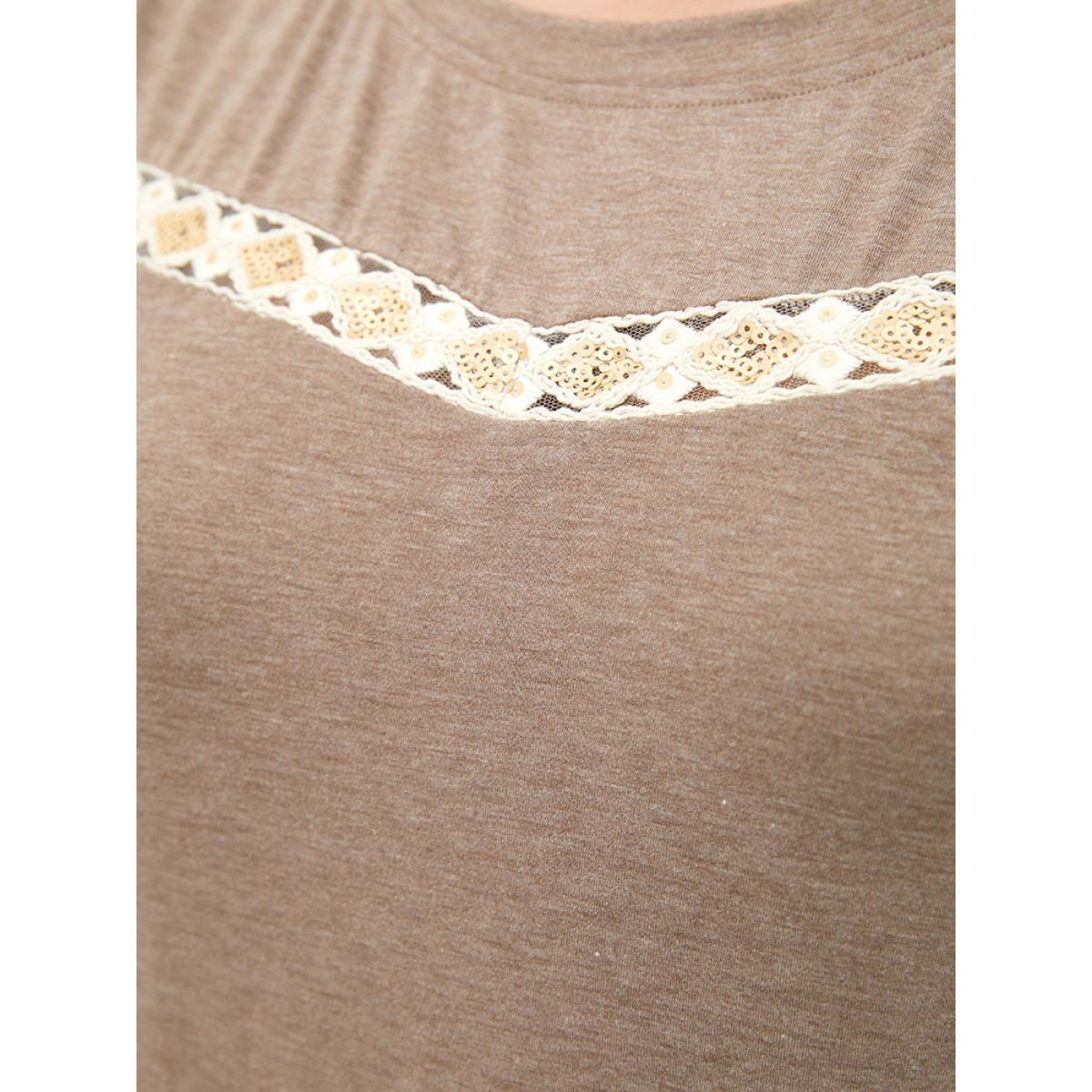 Plus Size Lace Panel Contrast Round Neck T-shirt DarkBrown Women Casual Heather Plain Round Neck Dailywear T-shirts BloomChic 18-20/2X Product Image