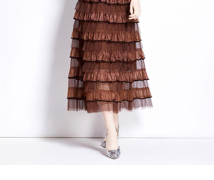 Set: Long Sleeve Mock Neck Plain Panel Knit Top + High Waist Tiered Mesh Maxi A-Line Skirt Product Image